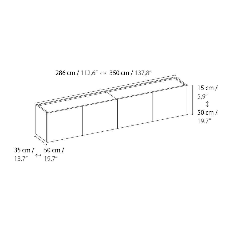 Dimension drawing of a four-module Dalea 4XL unit with two equal-width bodies