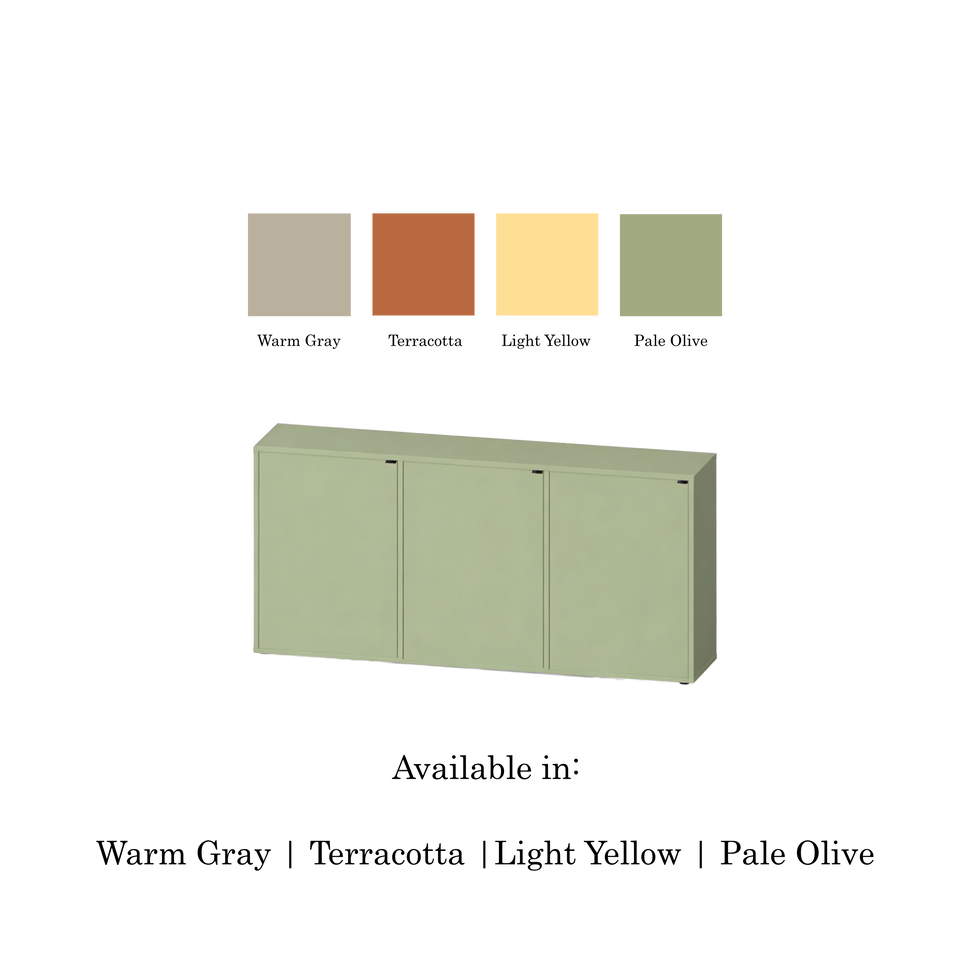 Pau three-door sideboard with smooth fronts and a pale green finish, shown with four colour swatches