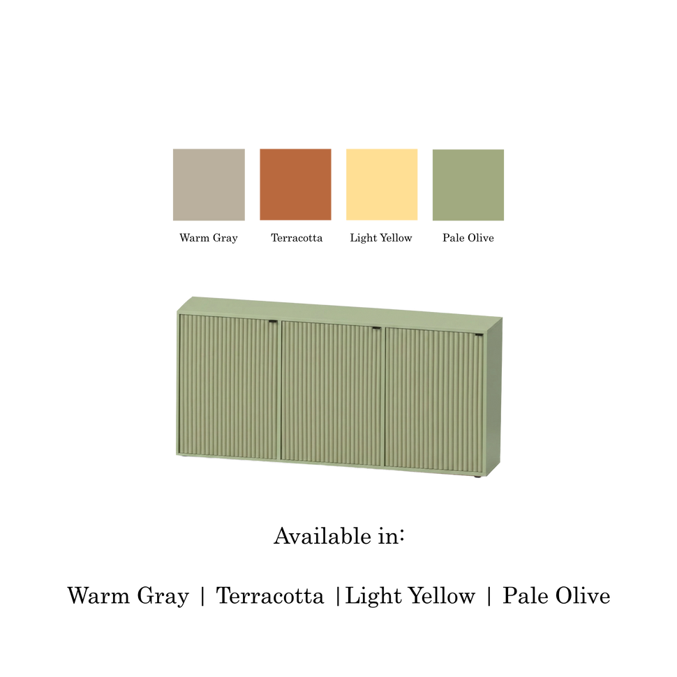 Pau three-door sideboard with textured fronts and a pale green finish, shown with four colour swatches