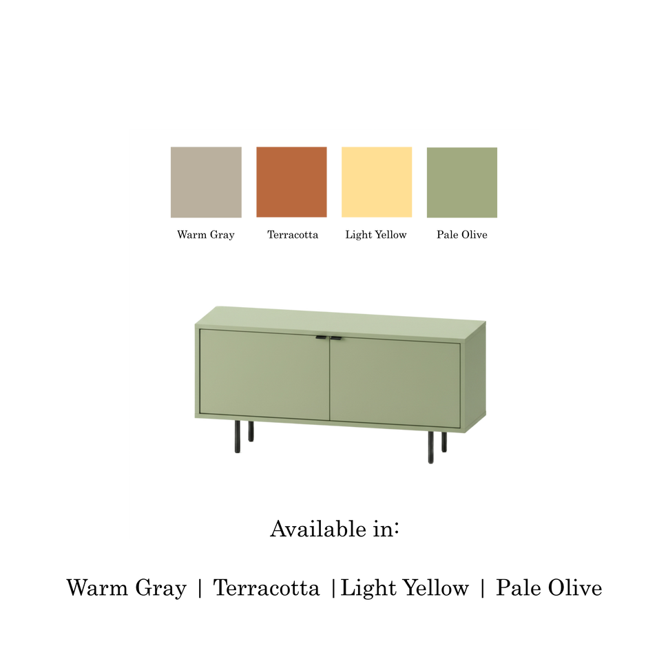Pau two-door TV unit with smooth fronts and a pale green finish, shown with four colour swatches