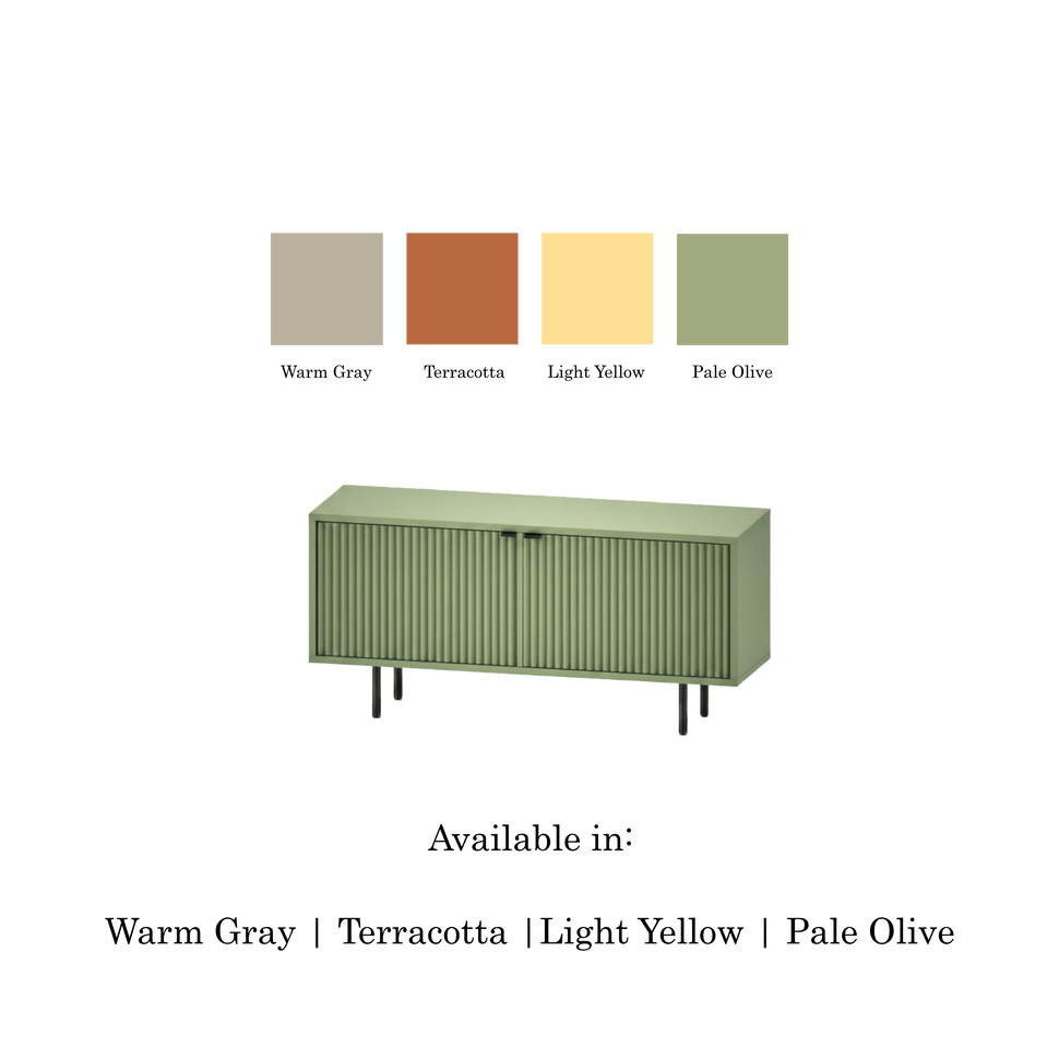 Pau two-door TV unit with textured fronts and a pale green finish, shown with four colour swatches