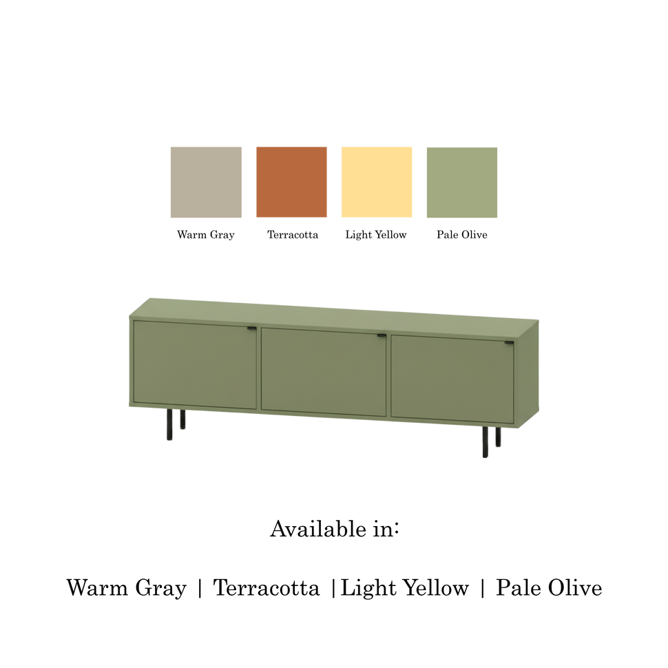 Pau three-door TV unit with smooth fronts and a pale green finish, shown with four colour swatches