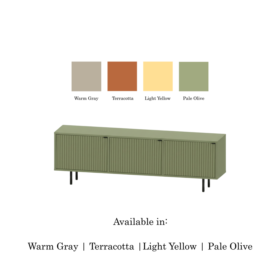 Pau three-door TV unit with textured fronts and a pale green finish, shown with four colour swatches