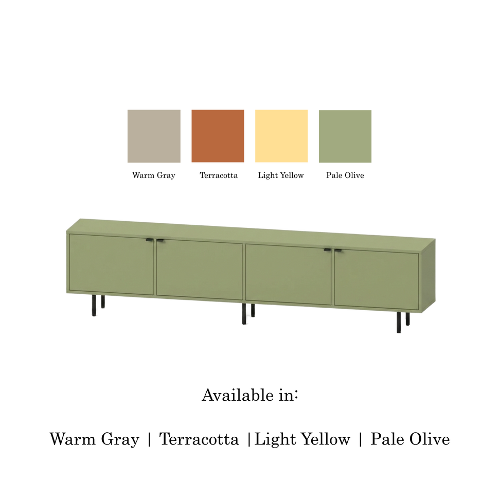 Pau four-door TV unit with smooth fronts and a pale green finish, shown with four colour swatches