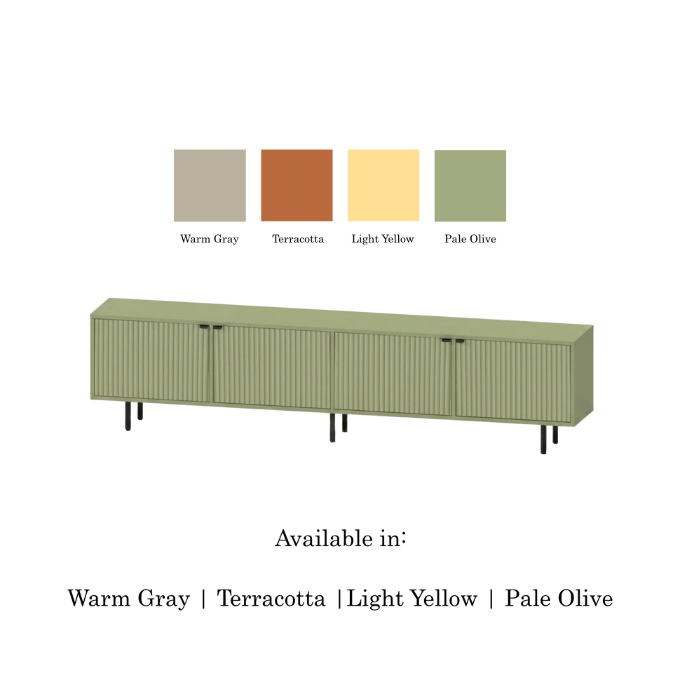 Pau four-door TV unit with textured fronts and a pale green finish, shown with four colour swatches