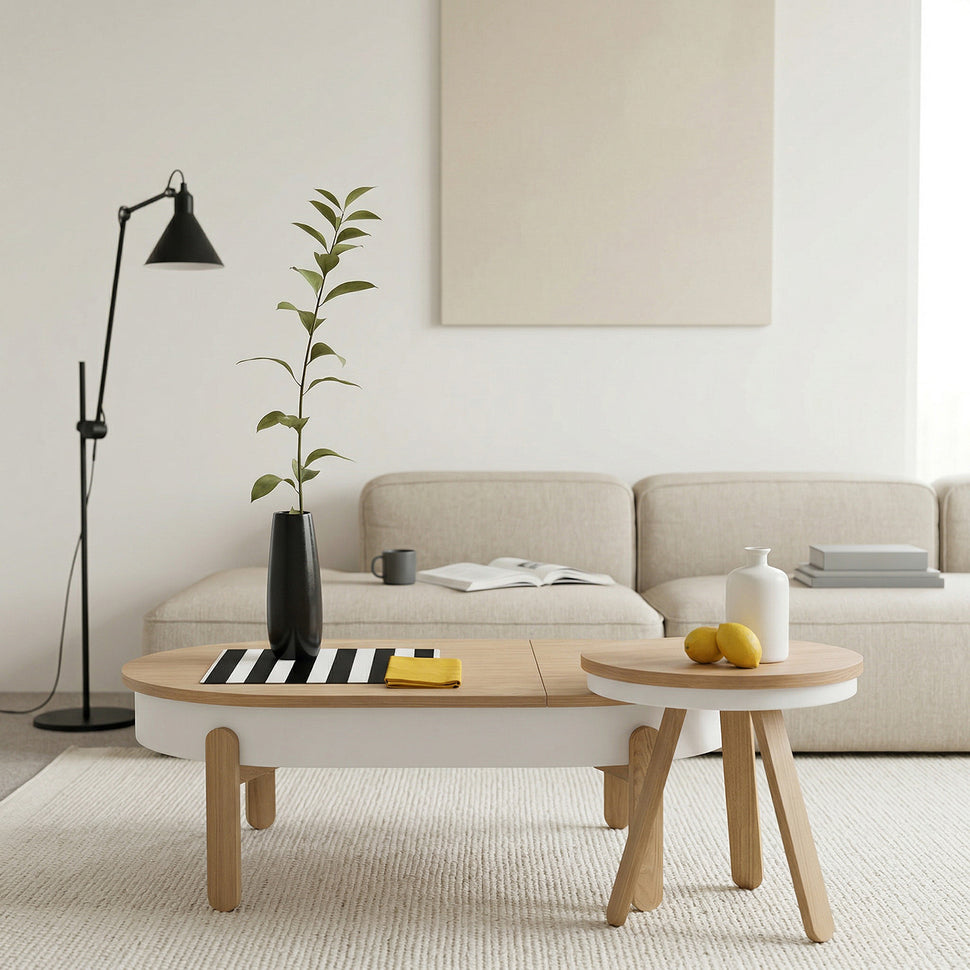 Batea L+S oak white, woodendot. Modern living room with beige sofa, wooden coffee table, and decorative items.
