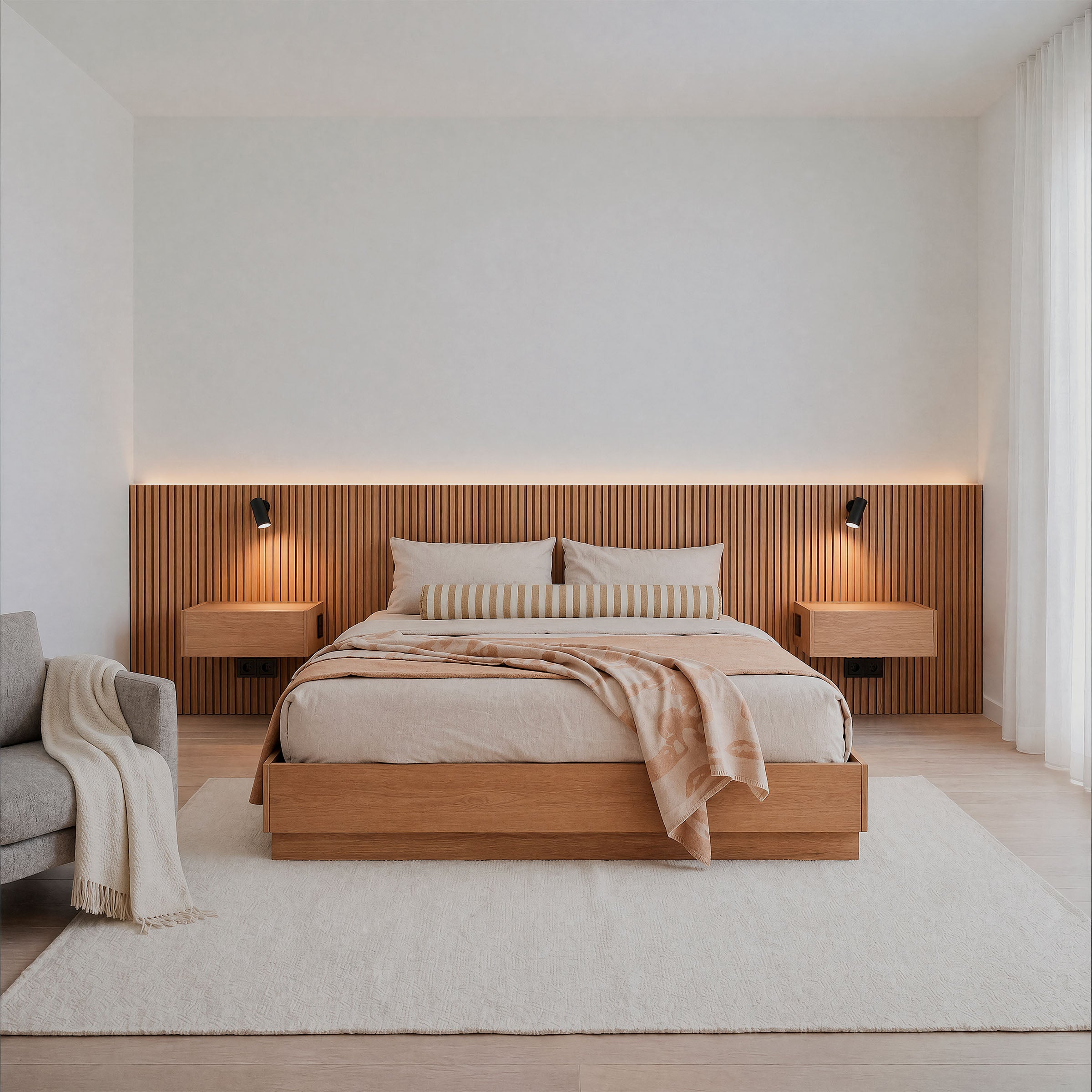 Stoa headboard Modern bedroom with wooden bed Stoa and slatted headboard