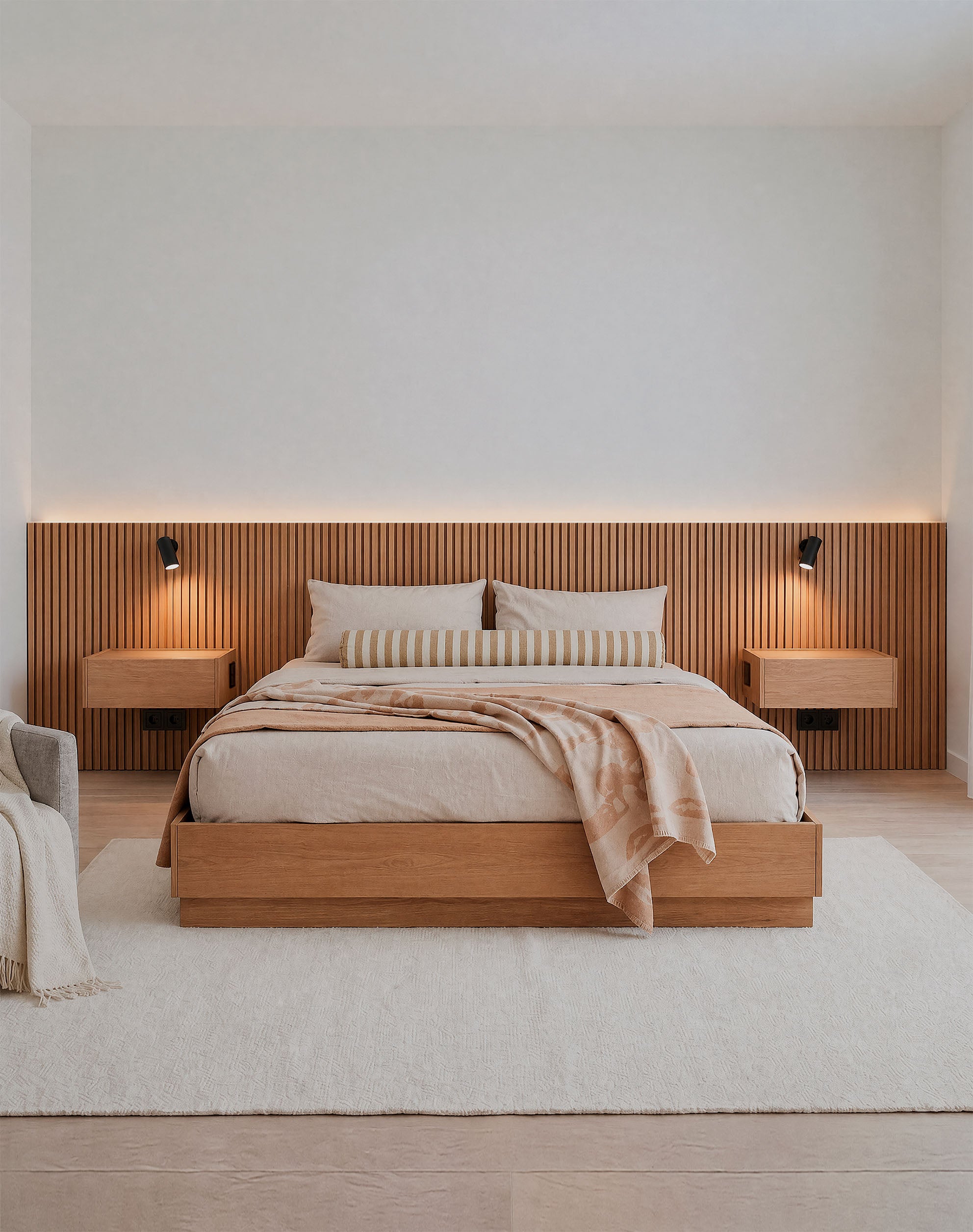 Modern bedroom STOA with wooden bed and headboard, minimal decor.