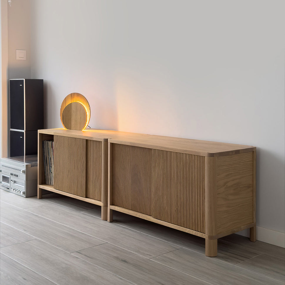 Cloe TV Stand · White Pigmented Oak · Wooden Doors
