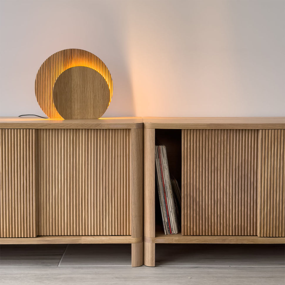 Cloe TV Stand · White Pigmented Oak · Wooden Doors