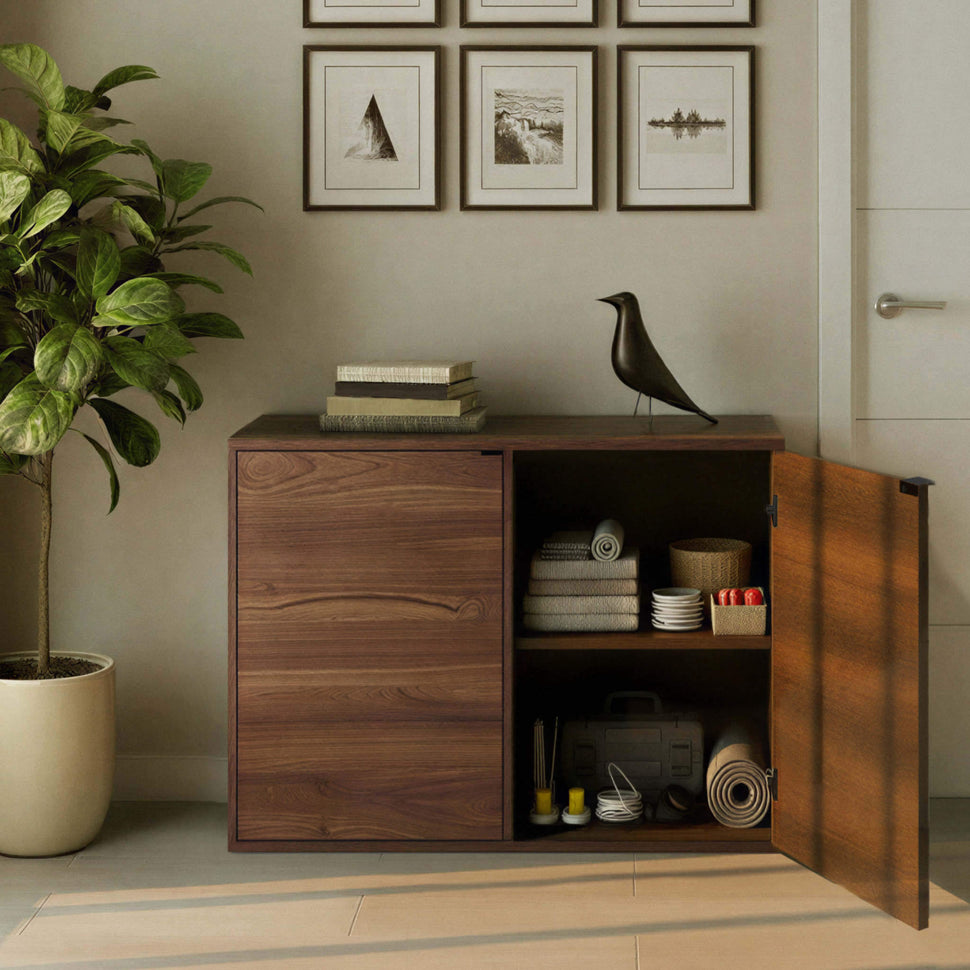 Two-door walnut-toned Pau sideboard with one door open, showing interior storage