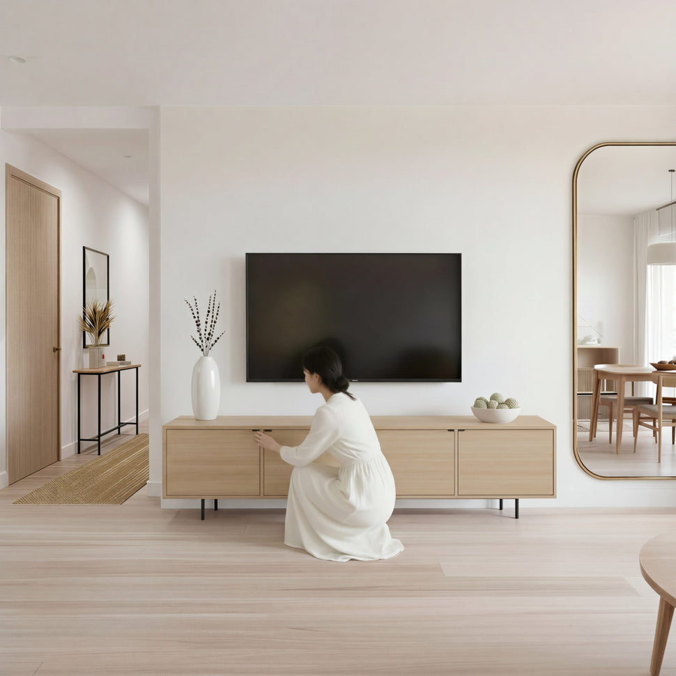 Person kneeling in front of an oak-toned Pau TV unit in a living room