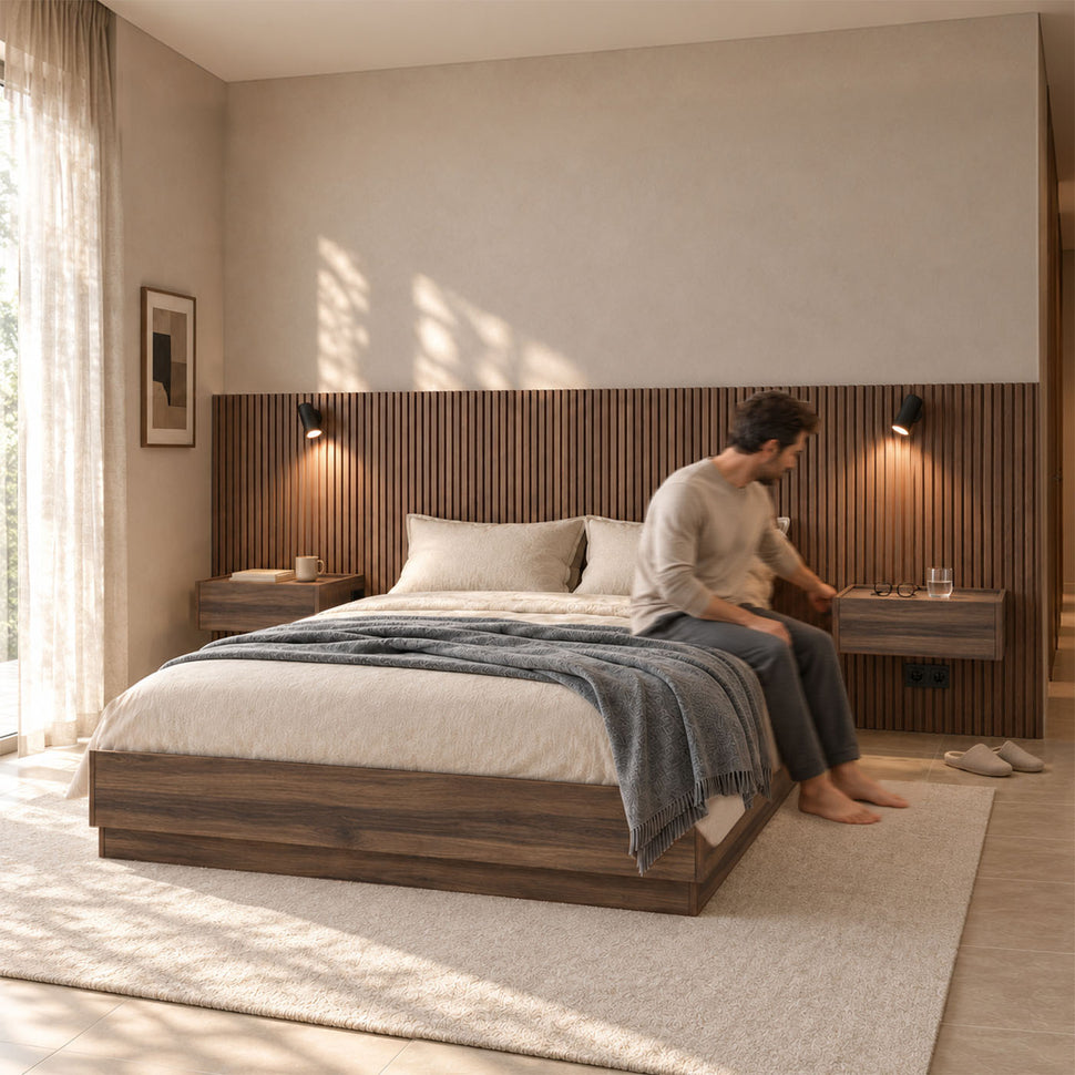 Stoa Cabecero a medida con mesitas flotantes · Nogal Decor - cama 200 cm