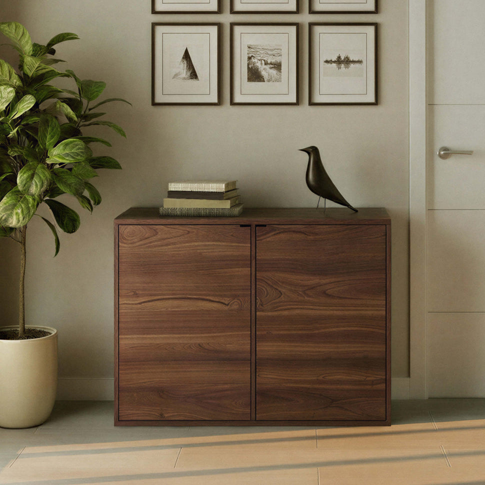 Front view of a two-door walnut-toned Pau sideboard with smooth doors