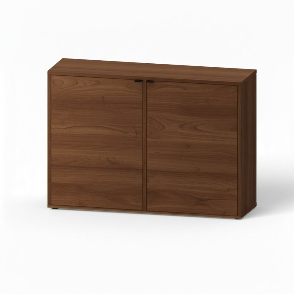 Pau two-door sideboard with smooth fronts and a walnut-toned finish, viewed at an angle