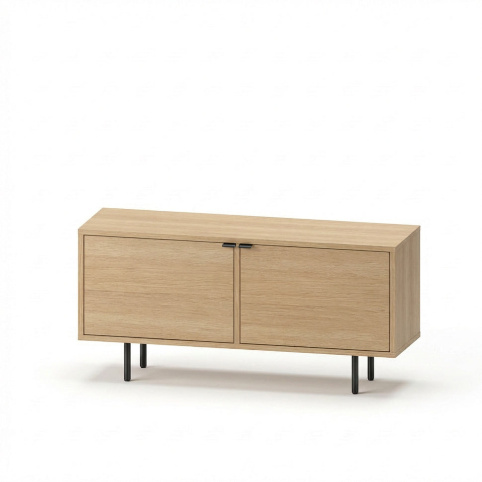 Pau two-door TV unit with smooth fronts and an oak-toned finish, viewed at an angle