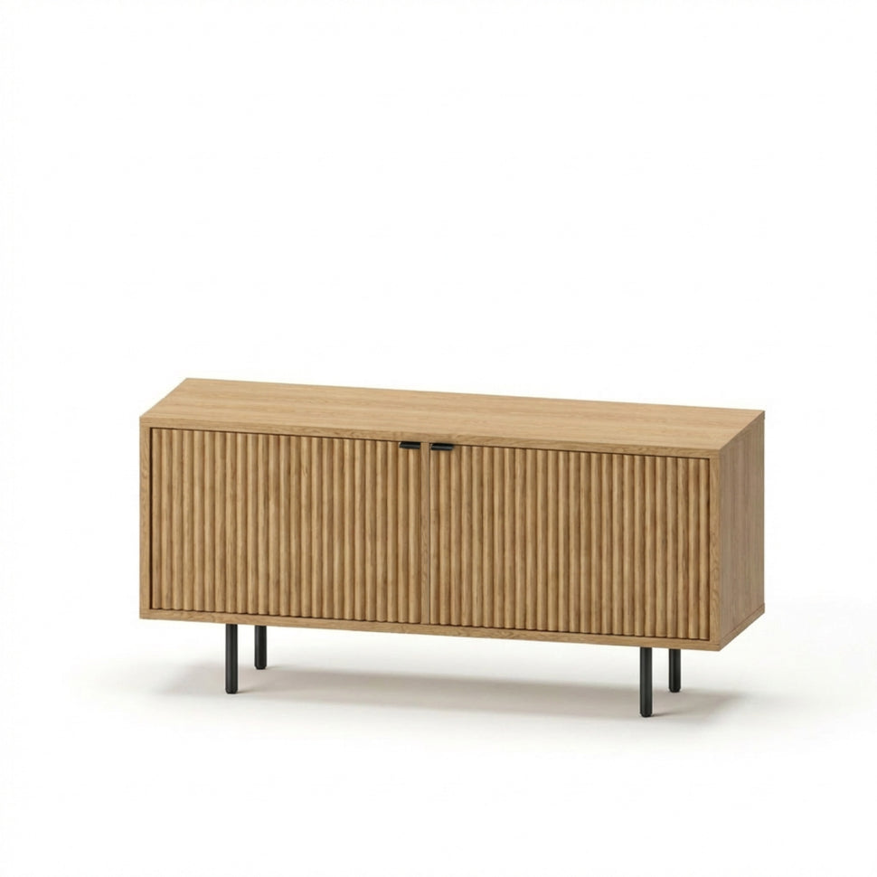 Pau two-door TV unit with textured fronts and an oak-toned finish, viewed at an angle