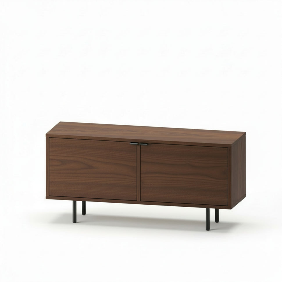 Pau two-door TV unit with smooth fronts and a walnut-toned finish, viewed at an angle