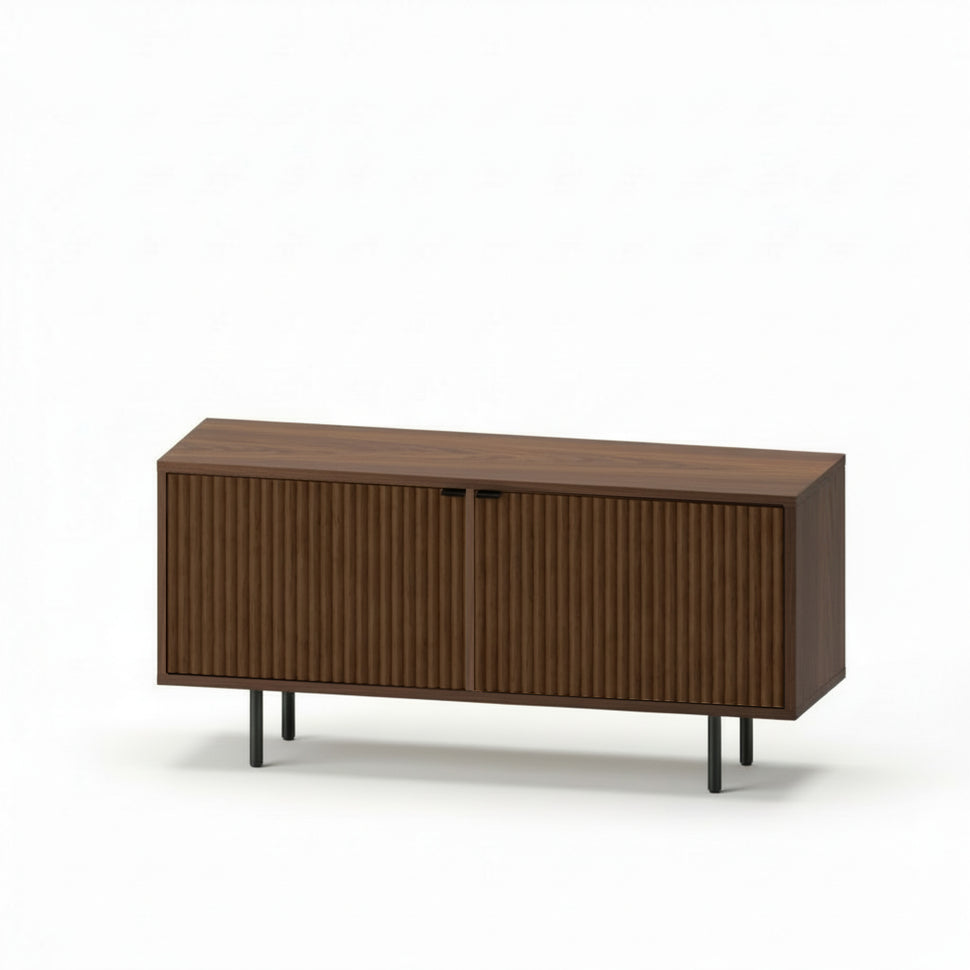Pau two-door TV unit with textured fronts and a walnut-toned finish, viewed at an angle