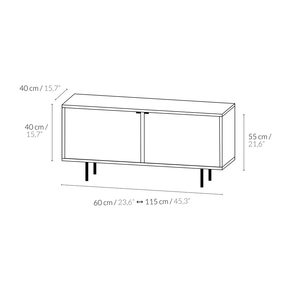 Pau two-door TV unit dimensions: 60–115 cm wide, 55 cm high and 40 cm deep