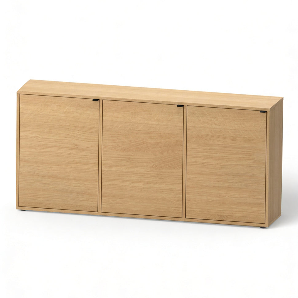 Pau three-door sideboard with smooth fronts and an oak-toned finish, viewed at an angle