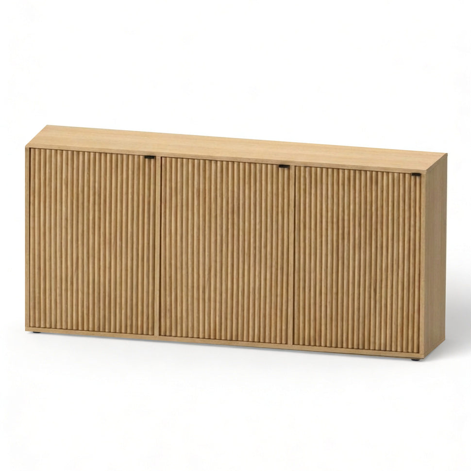 Pau three-door sideboard with textured fronts and an oak-toned finish, viewed at an angle