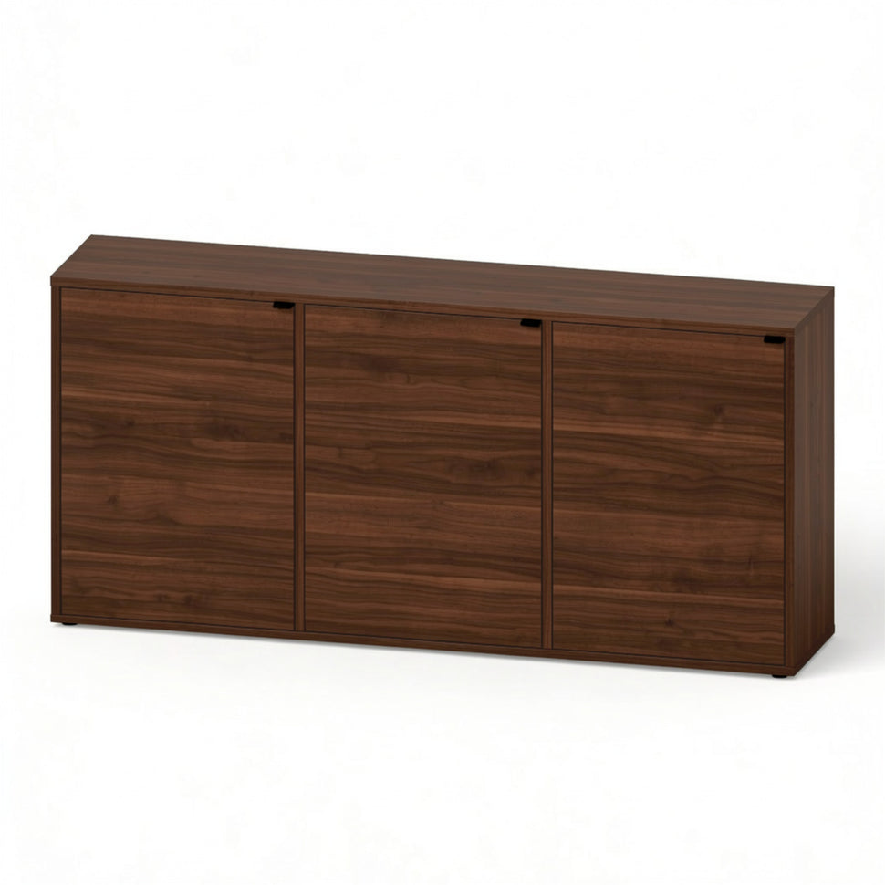 Pau three-door sideboard with smooth fronts and a walnut-toned finish, viewed at an angle