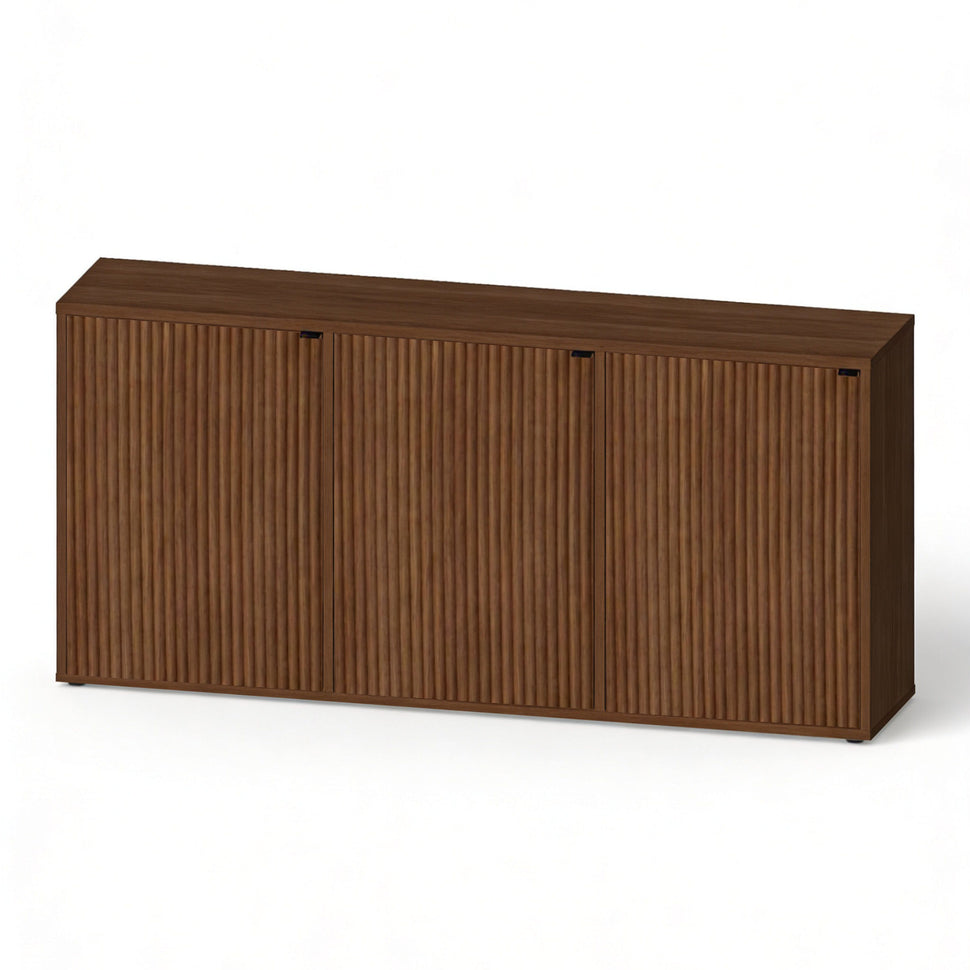Pau three-door sideboard with textured fronts and a walnut-toned finish, viewed at an angle