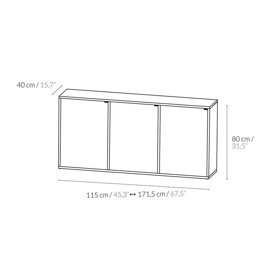 Pau three-door sideboard dimensions: 115–171.5 cm wide, 80 cm high and 40 cm deep
