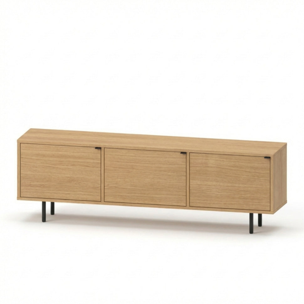 Pau three-door TV unit with smooth fronts and an oak-toned finish, viewed at an angle