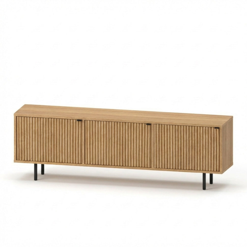 Pau three-door TV unit with textured fronts and an oak-toned finish, viewed at an angle