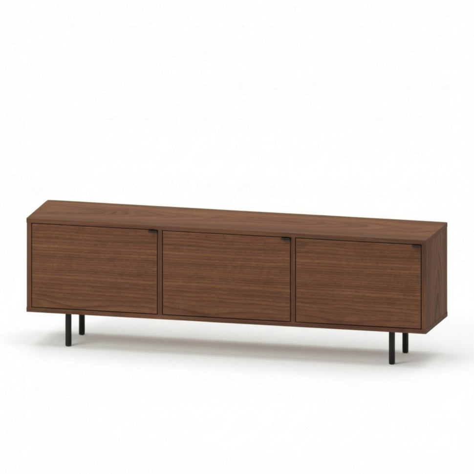 Pau three-door TV unit with smooth fronts and a walnut-toned finish, viewed at an angle