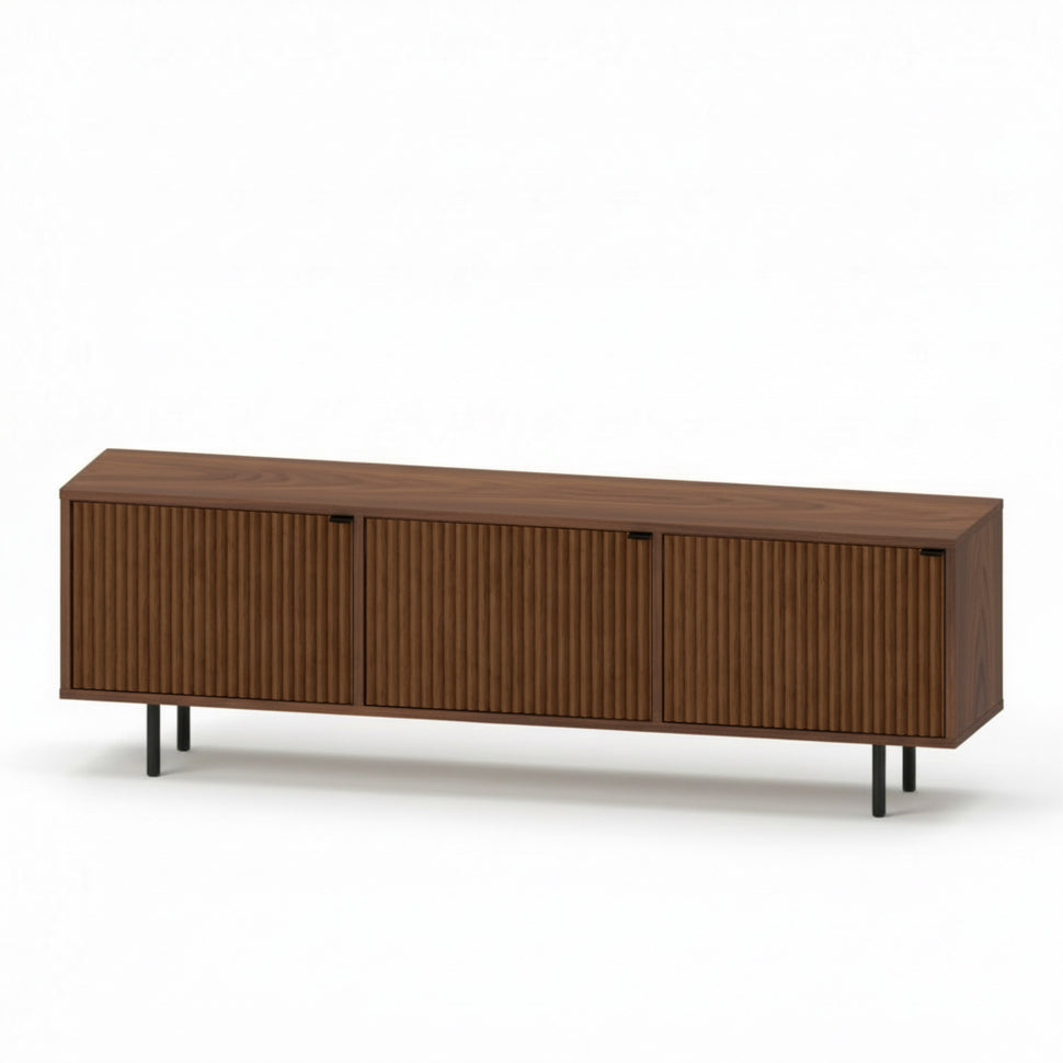 Pau three-door TV unit with textured fronts and a walnut-toned finish, viewed at an angle