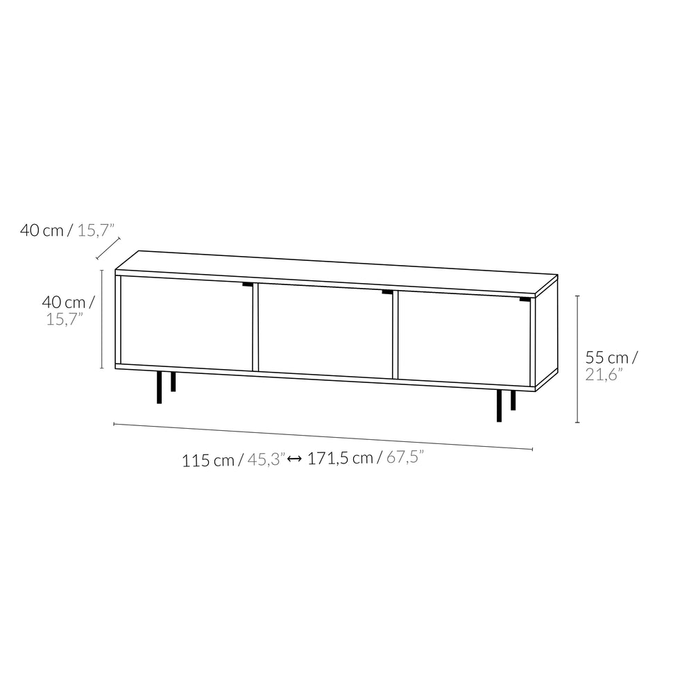 Pau three-door TV unit dimensions: 115–171.5 cm wide, 55 cm high and 40 cm deep