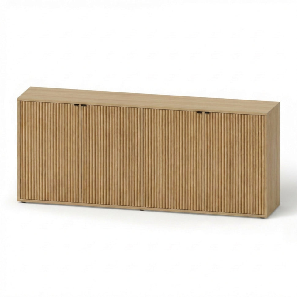 Pau four-door sideboard with textured fronts and an oak-toned finish, viewed at an angle