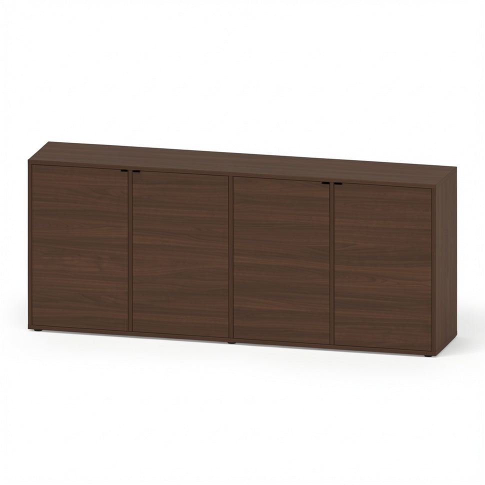 Pau four-door sideboard with smooth fronts and a walnut-toned finish, viewed at an angle