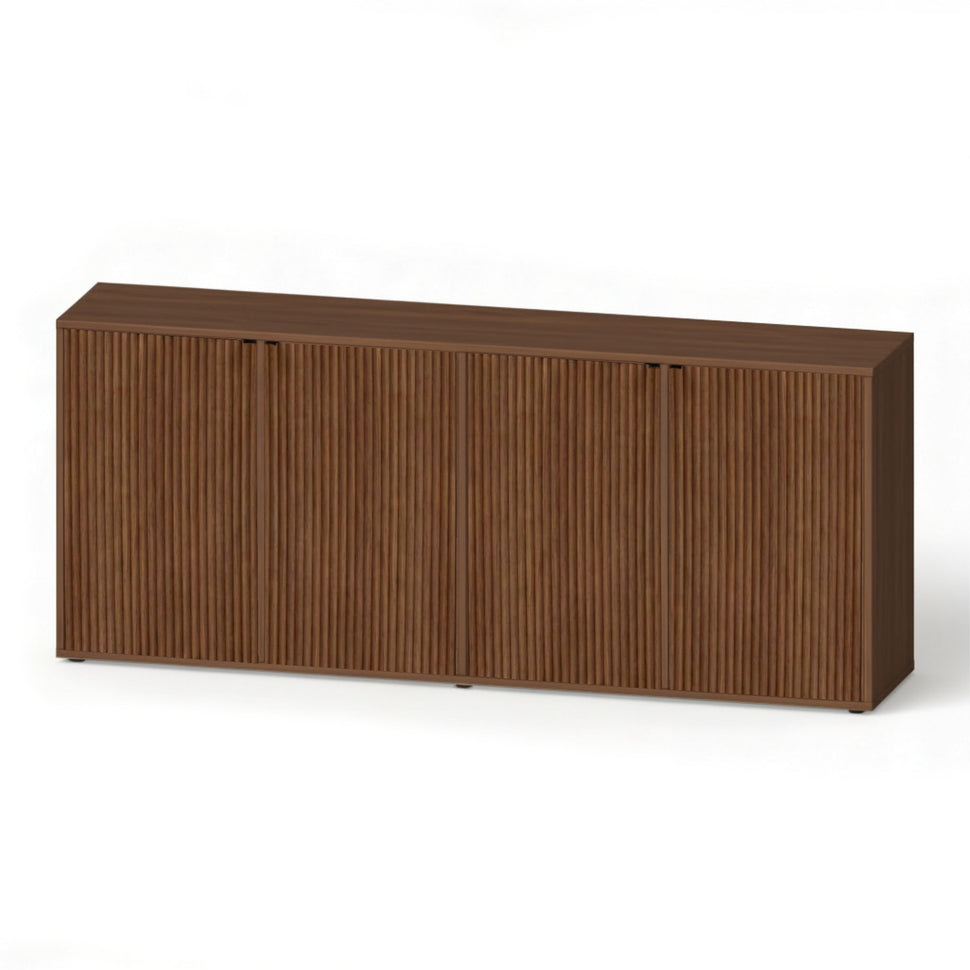 Pau four-door sideboard with textured fronts and a walnut-toned finish, viewed at an angle