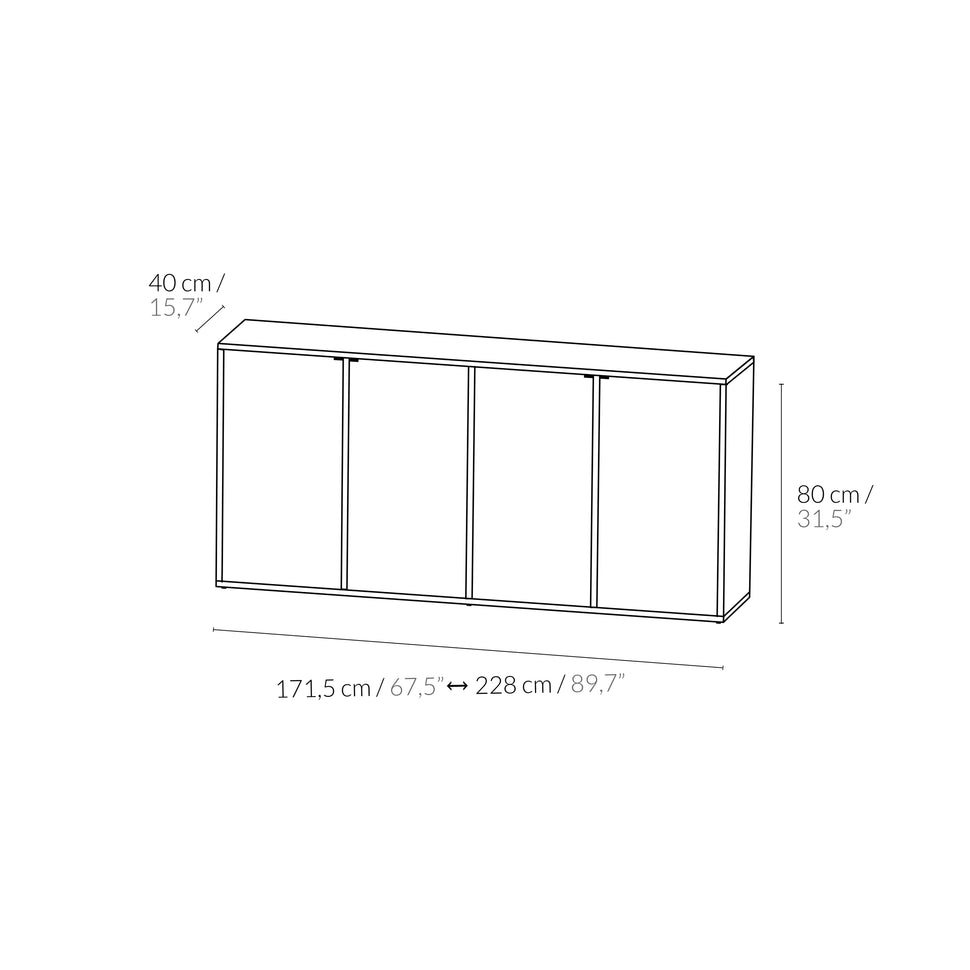 Pau four-door sideboard dimensions: 171.5–228 cm wide, 80 cm high and 40 cm deep