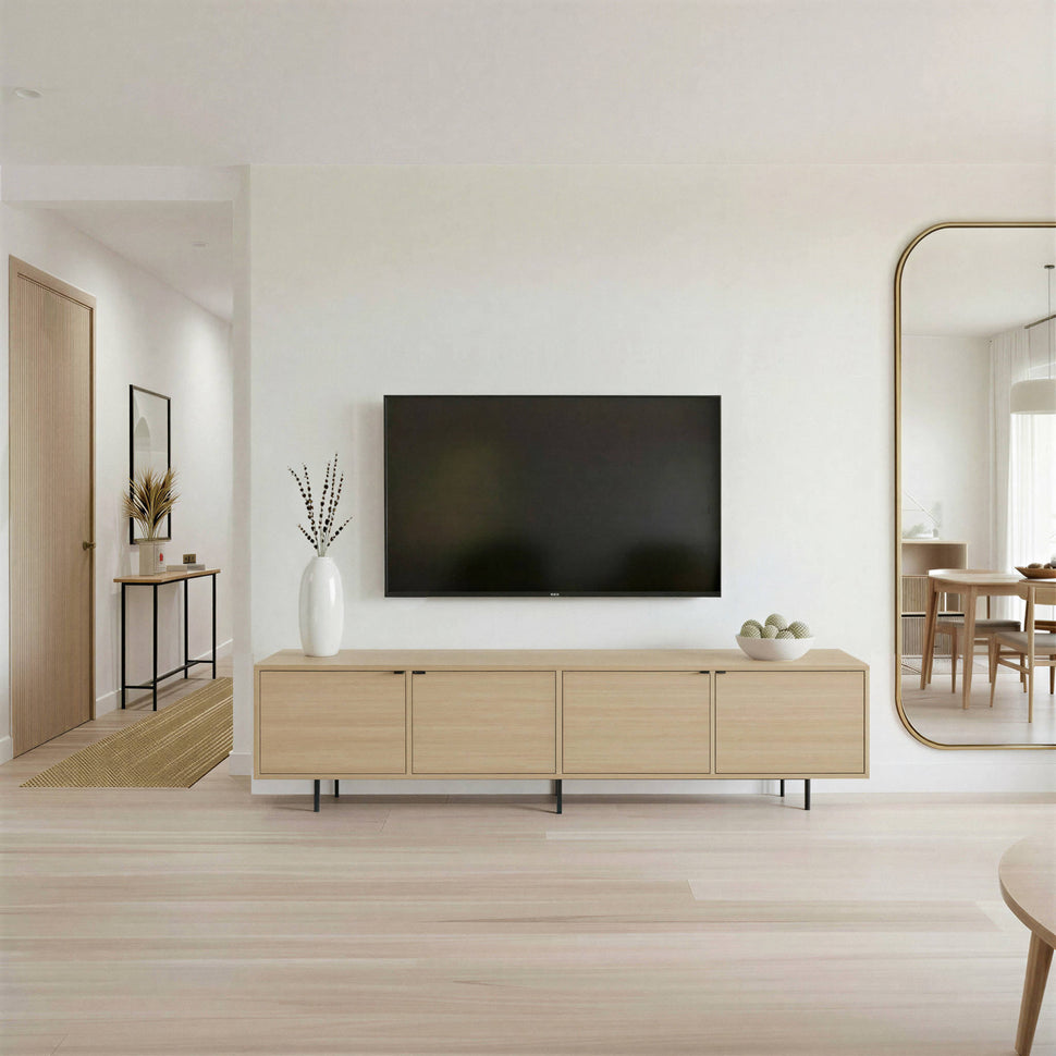 Four-door oak-toned Pau TV unit with smooth fronts in a living room