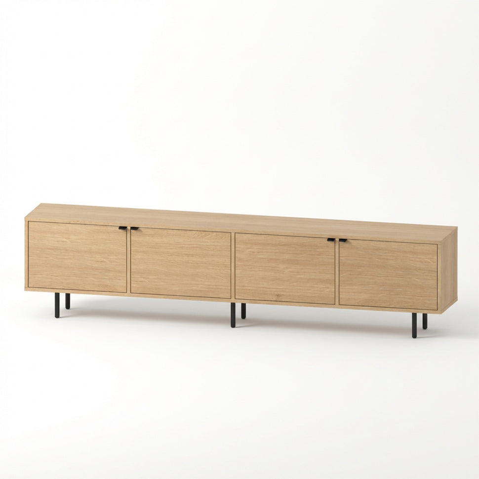 Pau four-door TV unit with smooth fronts and an oak-toned finish, viewed at an angle