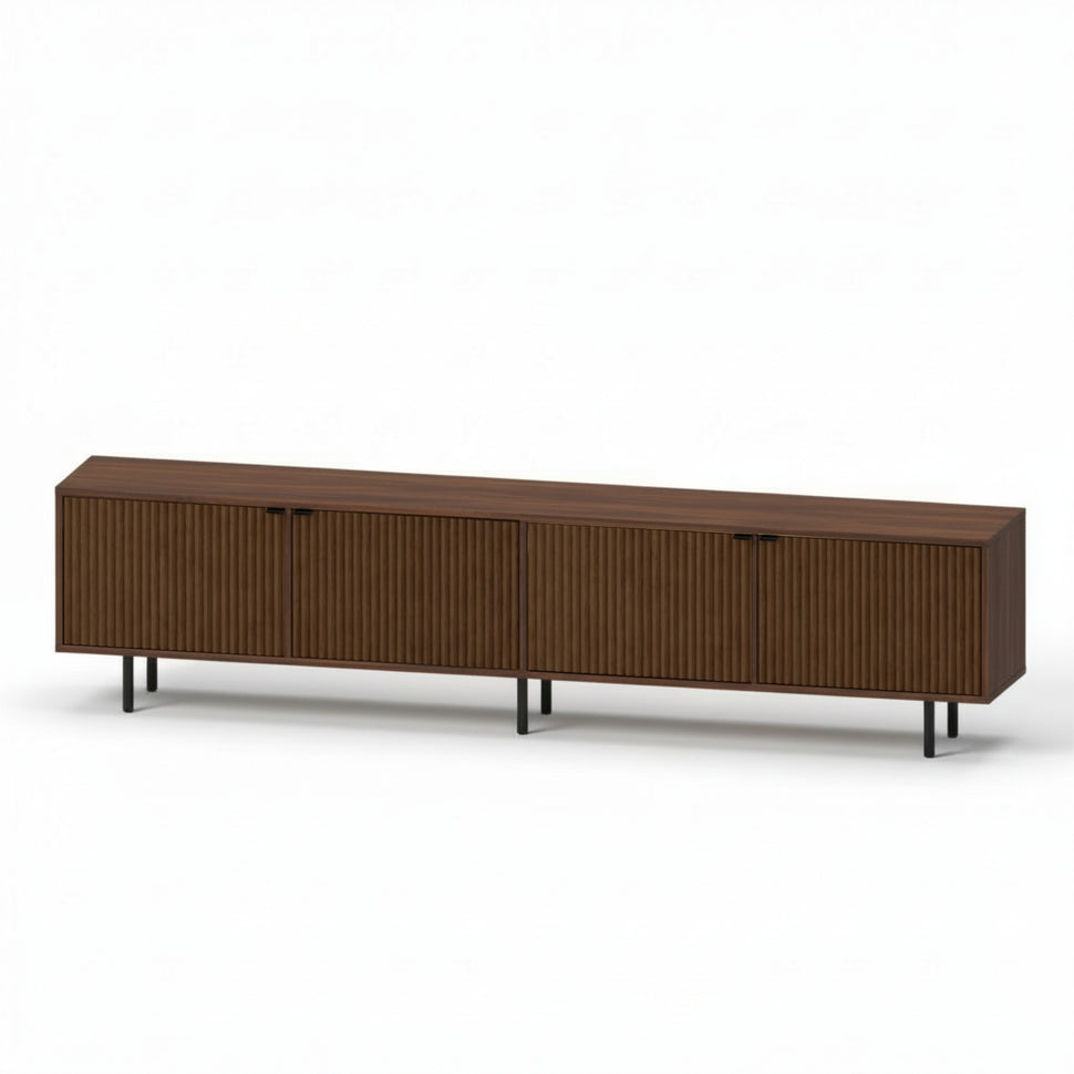 Pau four-door TV unit with textured fronts and a walnut-toned finish, viewed at an angle