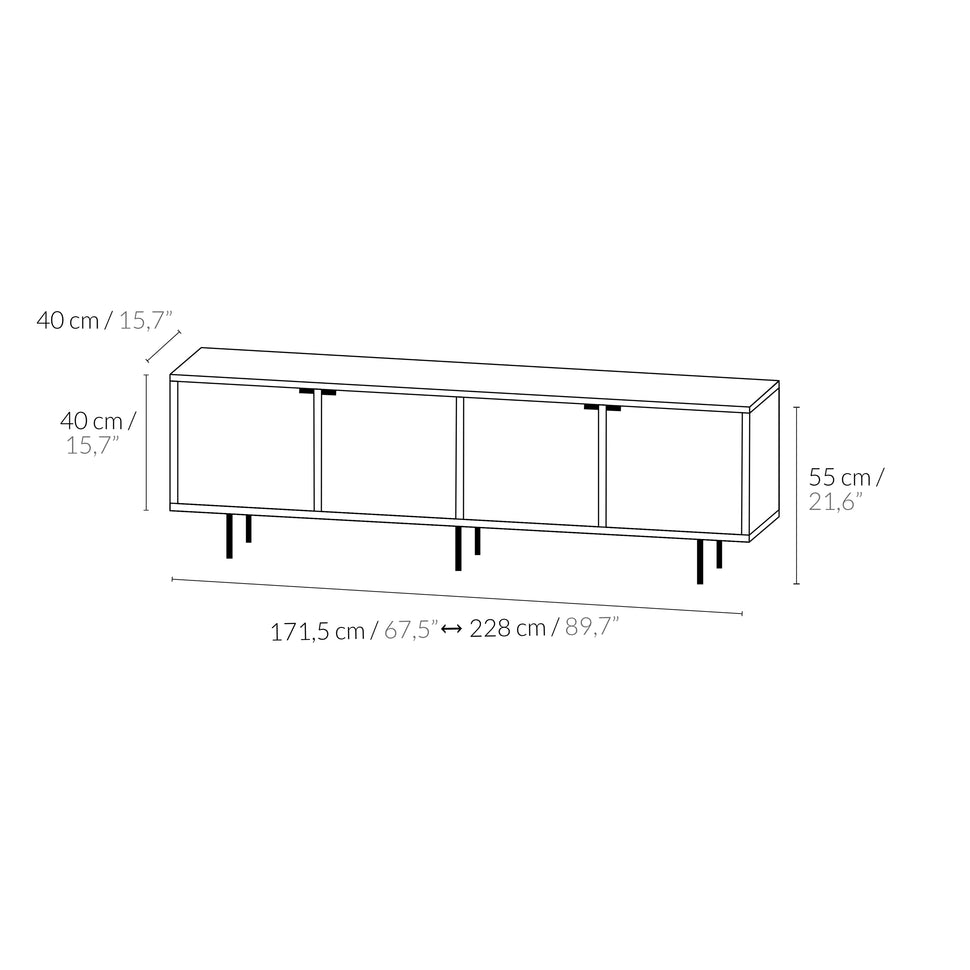 Pau four-door TV unit dimensions: 171.5–228 cm wide, 55 cm high and 40 cm deep