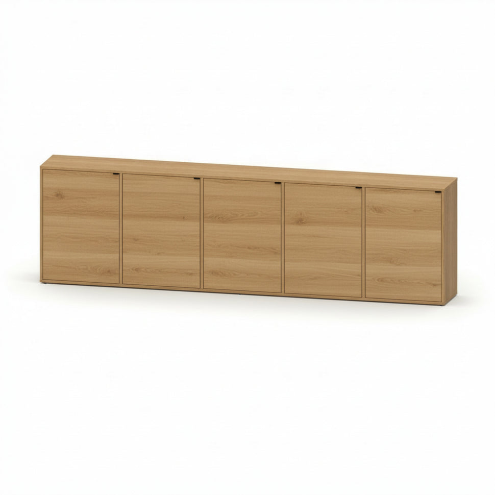 Pau five-door sideboard with smooth fronts and an oak-toned finish, viewed at an angle