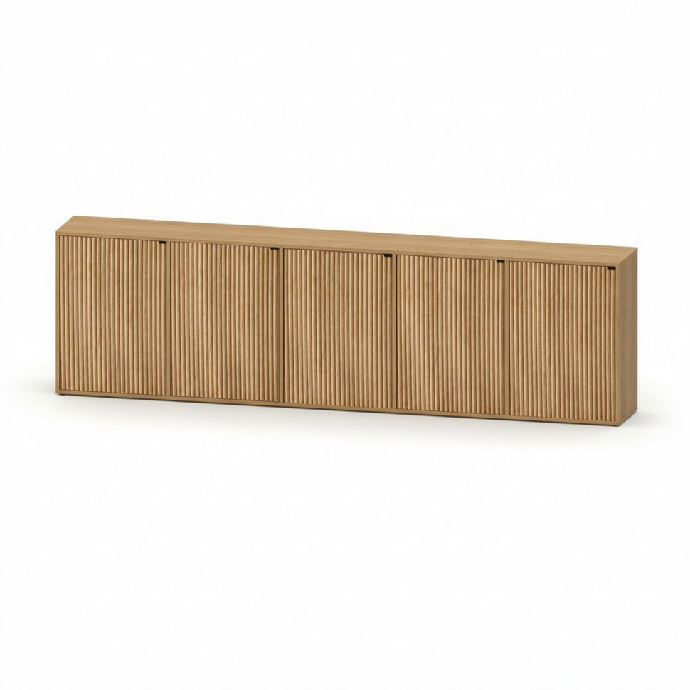 Pau five-door sideboard with textured fronts and an oak-toned finish, viewed at an angle
