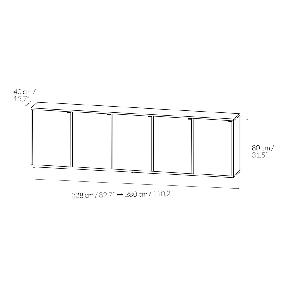 Pau five-door sideboard dimensions: 228–280 cm wide, 80 cm high and 40 cm deep