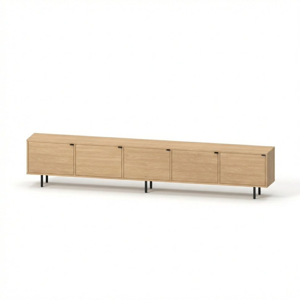 Pau five-door TV unit with smooth fronts and an oak-toned finish, viewed at an angle