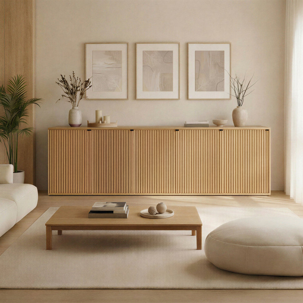 Long oak-toned Pau sideboard with textured doors beneath framed artwork
