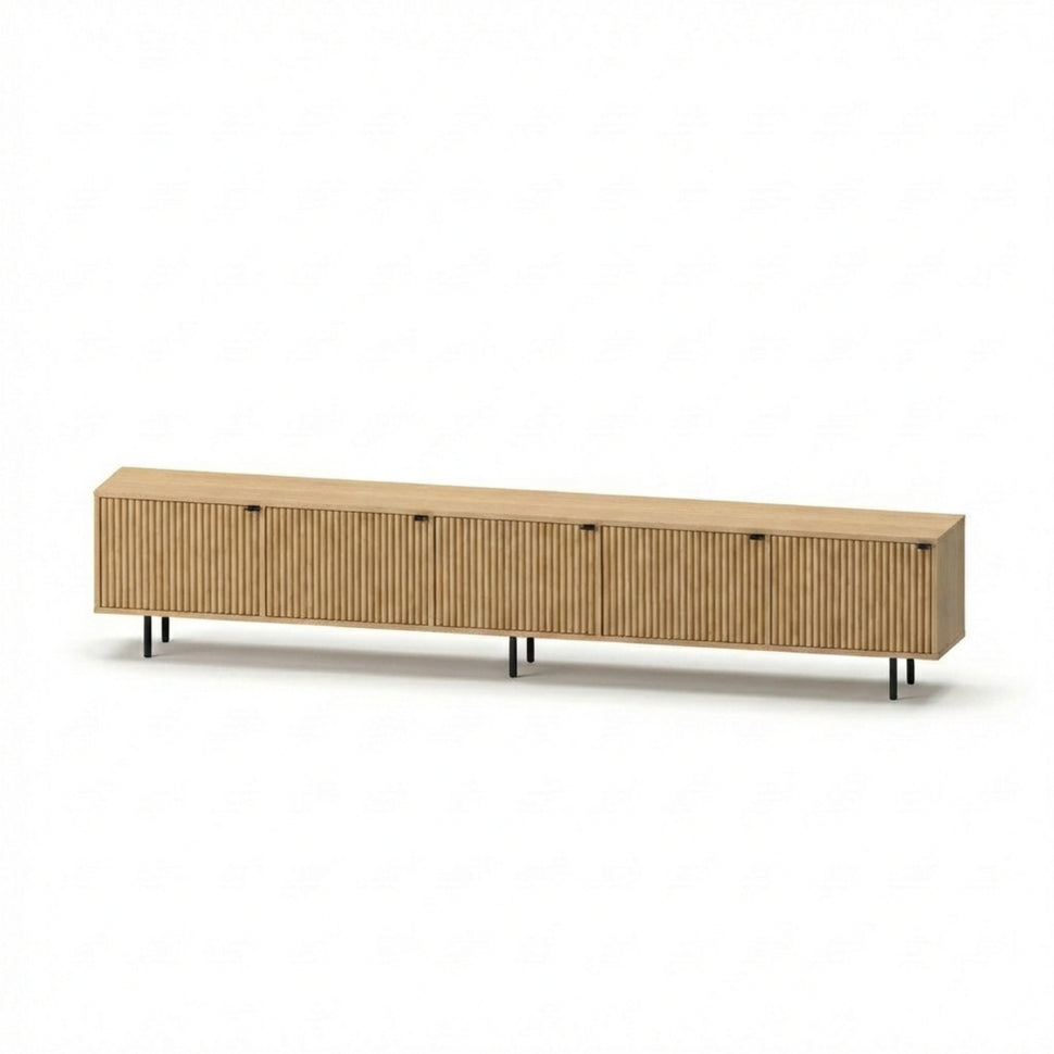 Pau five-door TV unit with textured fronts and an oak-toned finish, viewed at an angle