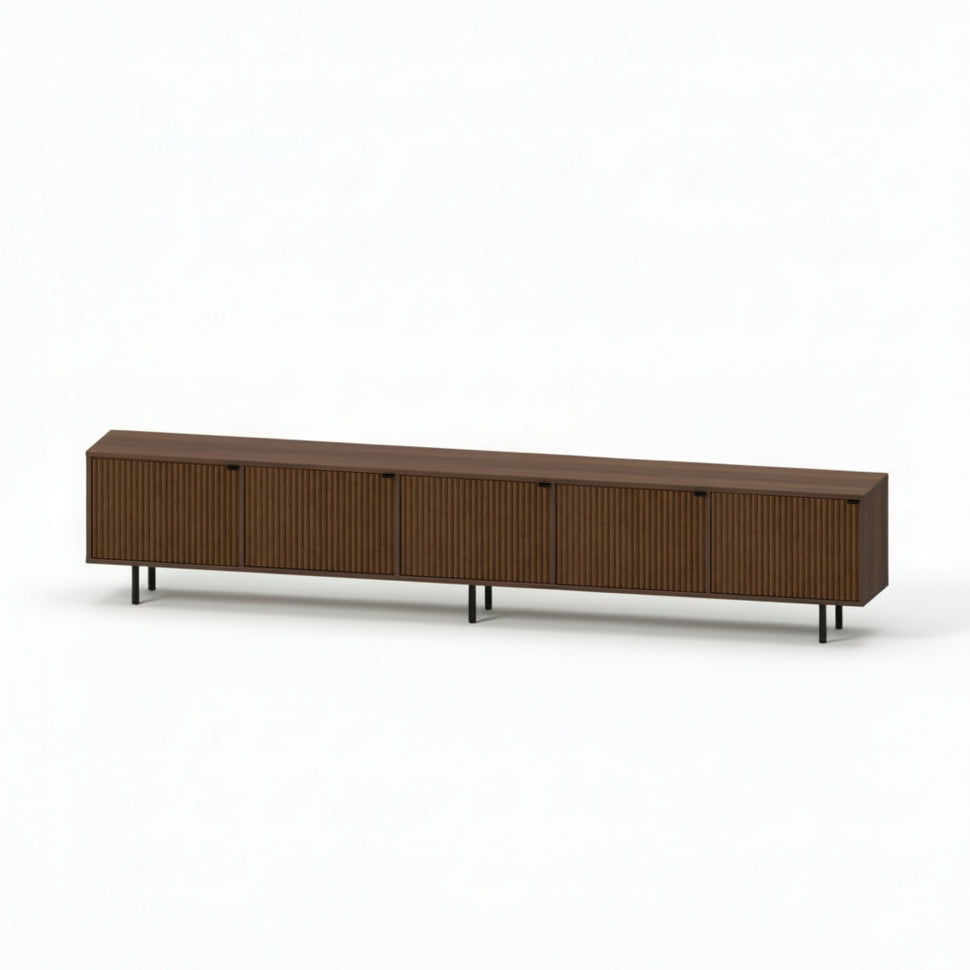 Pau five-door TV unit with textured fronts and a walnut-toned finish, viewed at an angle