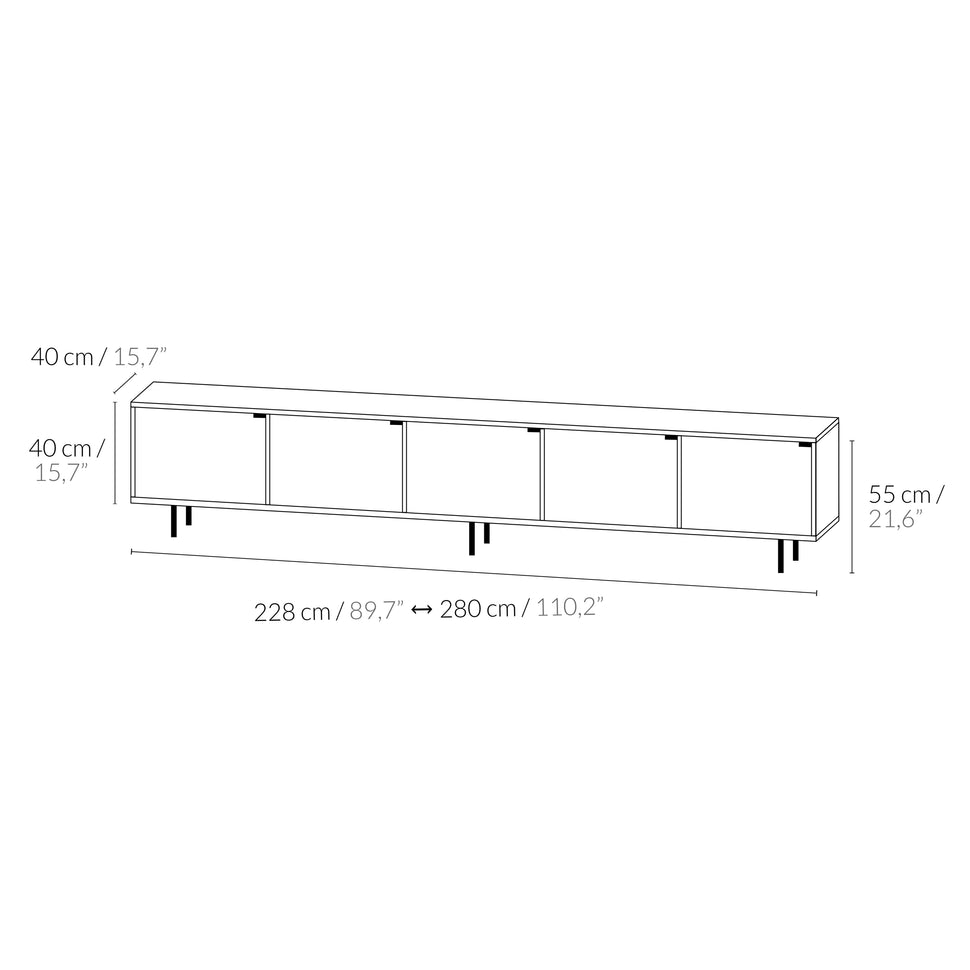 Pau five-door TV unit dimensions: 228–280 cm wide, 55 cm high and 40 cm deep